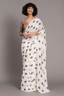 Suta White Brown Porcupine Printed Pure Cotton Saree