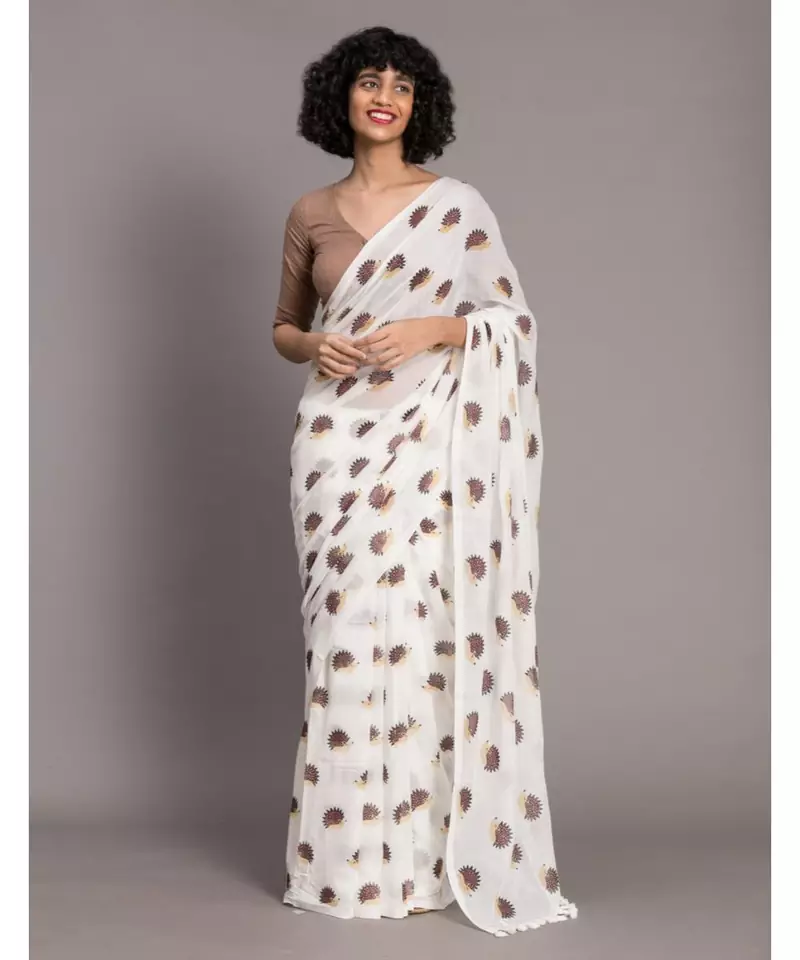 Suta White Brown Porcupine Printed Pure Cotton Saree