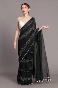 Suta Women Black White Printed Pure Cotton  Saree