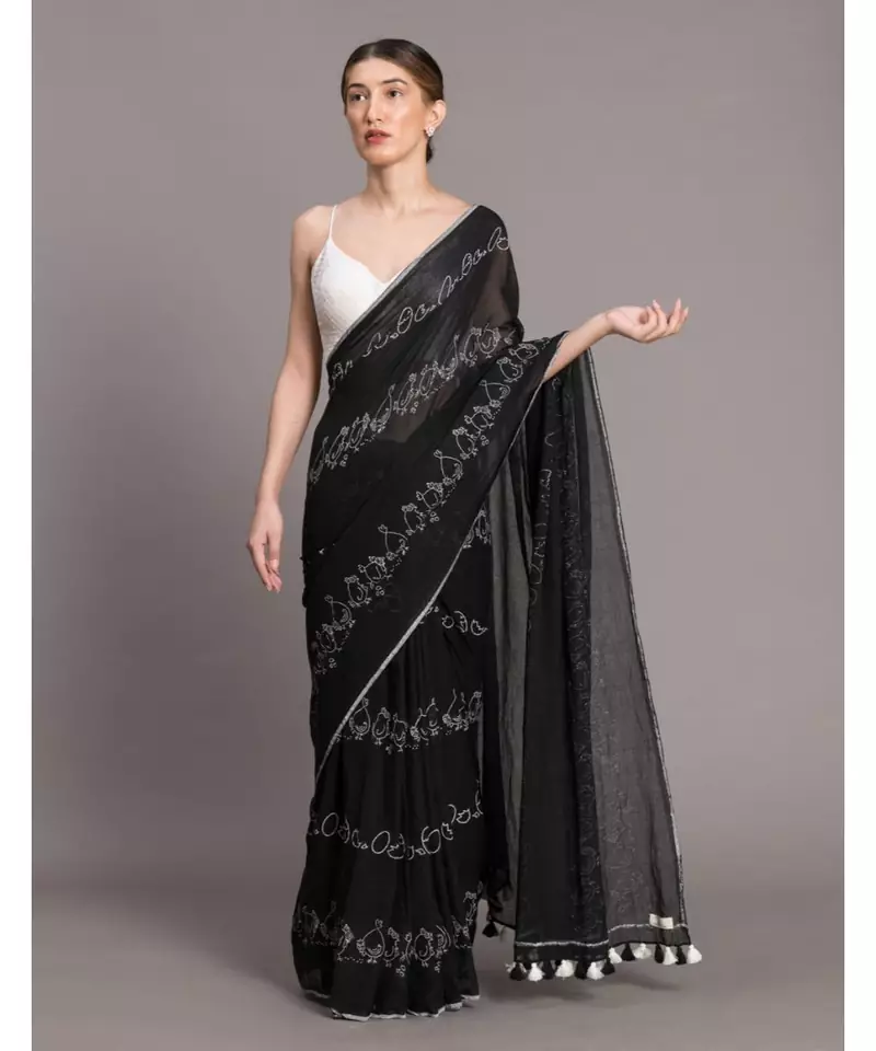Suta Women Black White Printed Pure Cotton  Saree