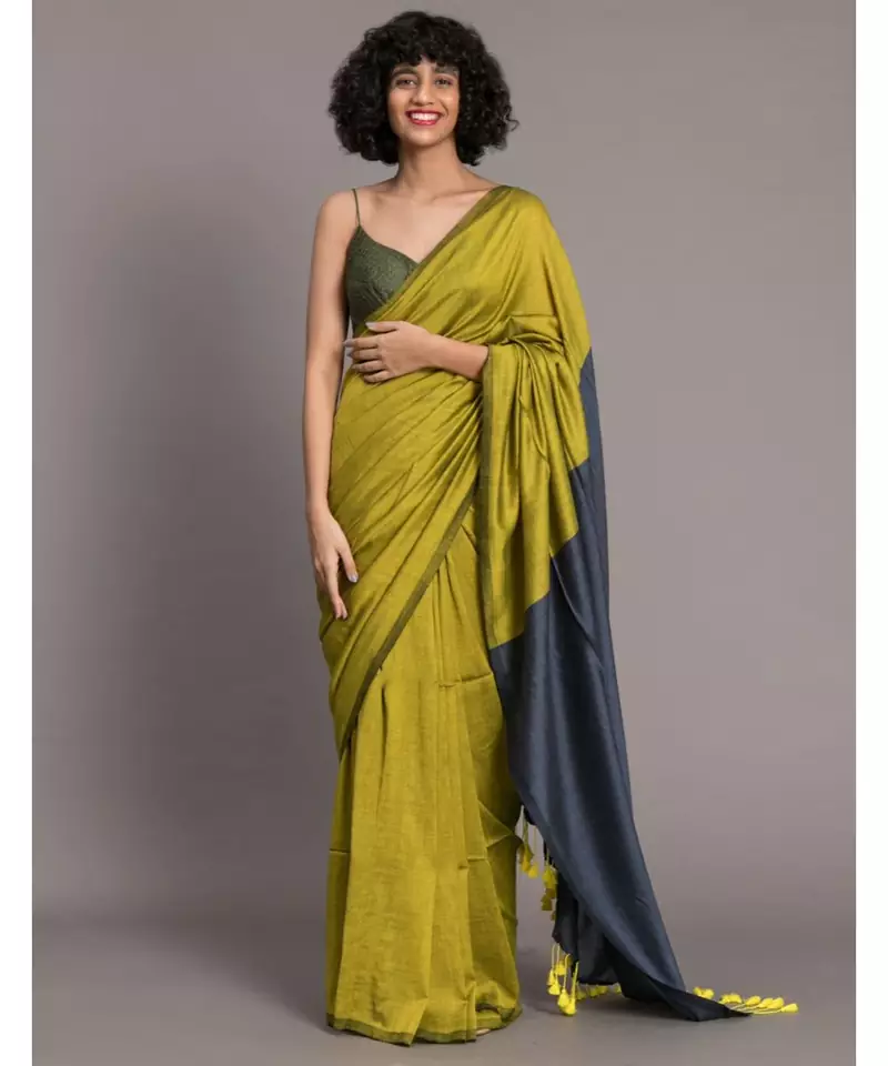Suta Green Blue Colourblocked Cotton Blend Saree