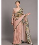 Suta Beige  Green Printed Pure Cotton Hand Painted Saree