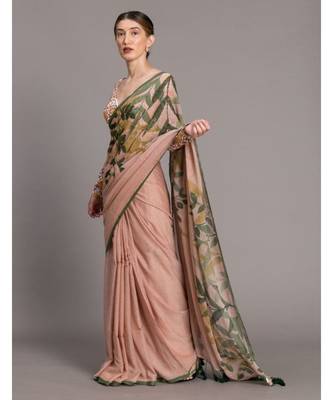 Suta Beige  Green Printed Pure Cotton Hand Painted Saree 2