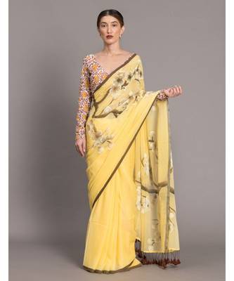Suta Yellow  Brown Floral Printed Pure Cotton hand painted Saree 1
