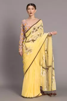 Suta Yellow  Brown Floral Printed Pure Cotton hand painted Saree