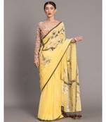 Suta Yellow  Brown Floral Printed Pure Cotton hand painted Saree