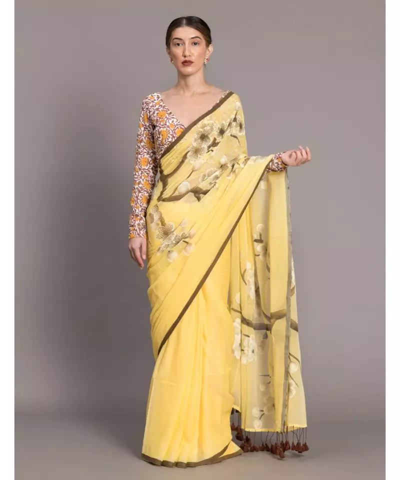 Suta Yellow  Brown Floral Printed Pure Cotton hand painted Saree