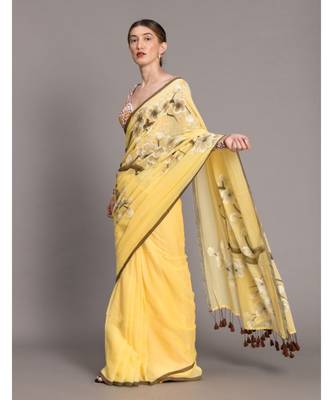 Suta Yellow  Brown Floral Printed Pure Cotton hand painted Saree 2