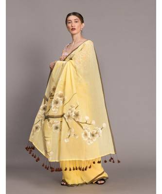 Suta Yellow  Brown Floral Printed Pure Cotton hand painted Saree 3