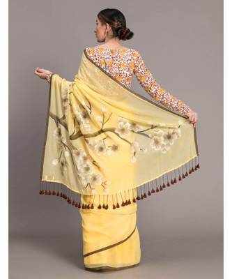 Suta Yellow  Brown Floral Printed Pure Cotton hand painted Saree 4