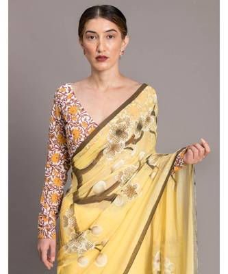 Suta Yellow  Brown Floral Printed Pure Cotton hand painted Saree 5