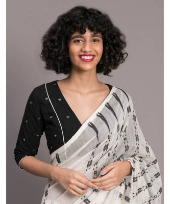 Suta Women White  Black Ethnic Motifs jamdani Polycotton Saree 2