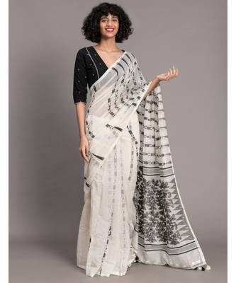 Suta Women White  Black Ethnic Motifs jamdani Polycotton Saree 1
