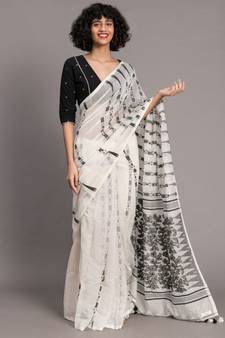 Suta Women White  Black Ethnic Motifs jamdani Polycotton Saree
