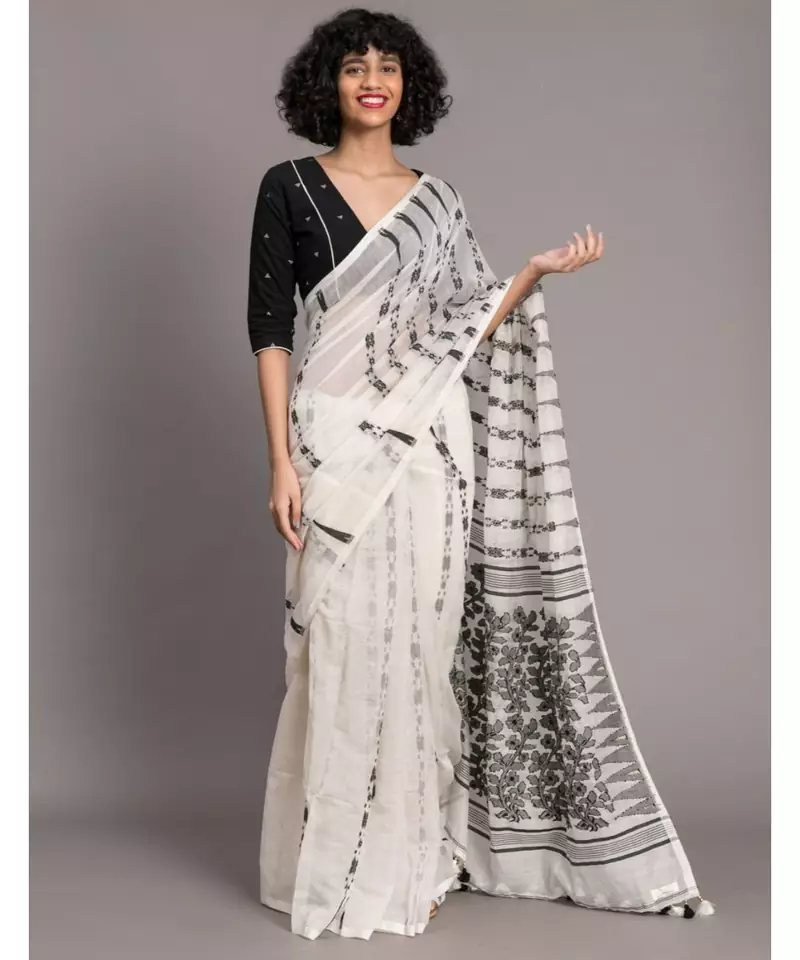 Suta Women White  Black Ethnic Motifs jamdani Polycotton Saree