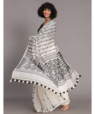 Suta Women White  Black Ethnic Motifs jamdani Polycotton Saree 4