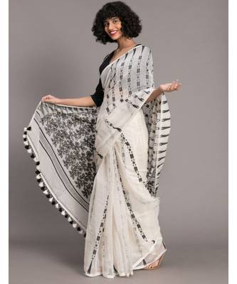 Suta Women White  Black Ethnic Motifs jamdani Polycotton Saree 5