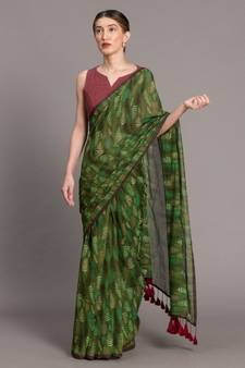 Suta Women Green  Brown Pure Cotton Handblock printed Saree