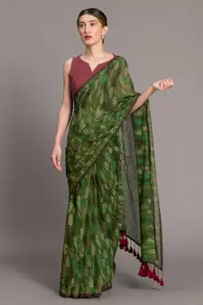 Suta Women Green  Brown Pure Cotton Handblock printed Saree