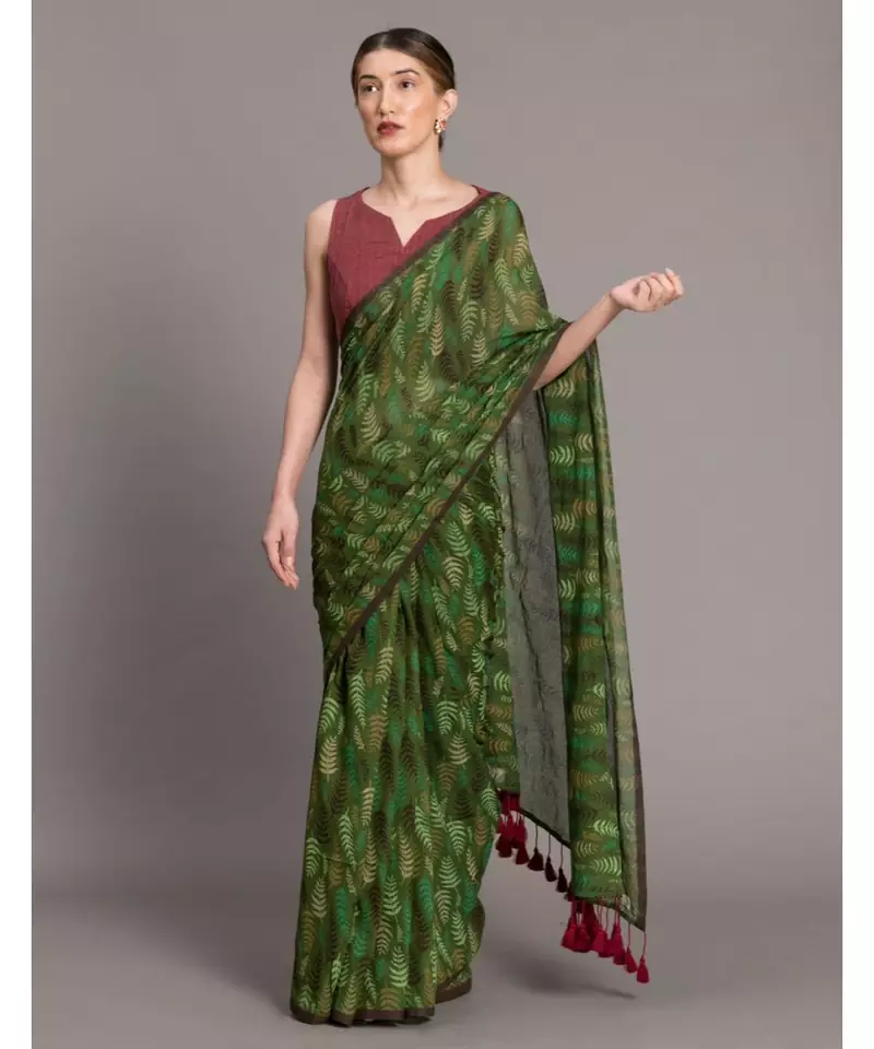 Suta Women Green  Brown Pure Cotton Handblock printed Saree