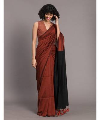 Suta Rust & Black Cotton Blend Colourblocked Saree 1