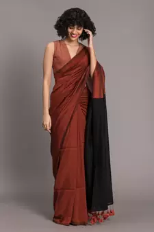 Suta Rust & Black Cotton Blend Colourblocked Saree