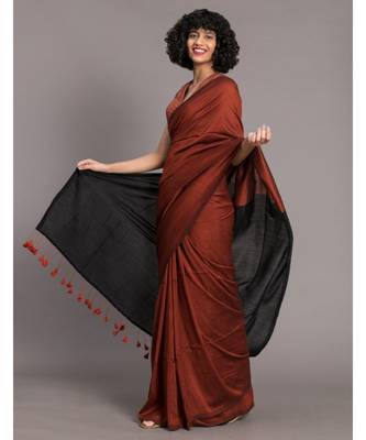 Suta Rust & Black Cotton Blend Colourblocked Saree 4