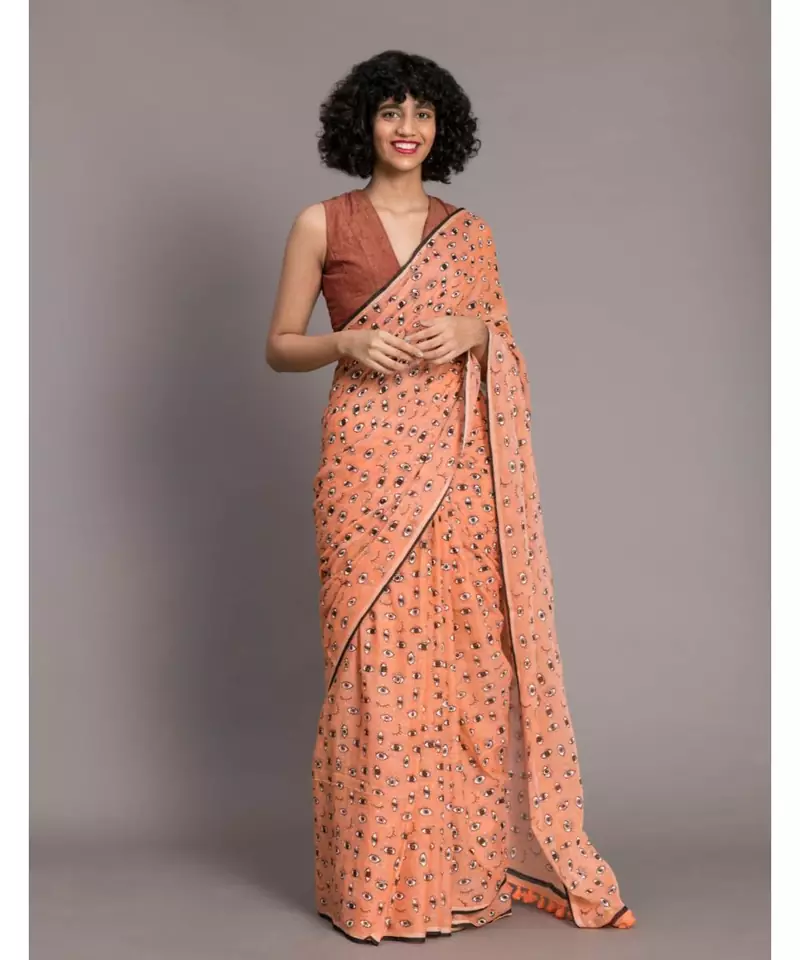 Suta Orange  Black Printed Pure Cotton Saree