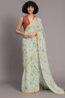 Suta Green  Yellow Floral handblock Pure Cotton Saree