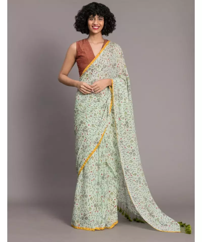 Suta Green  Yellow Floral handblock Pure Cotton Saree