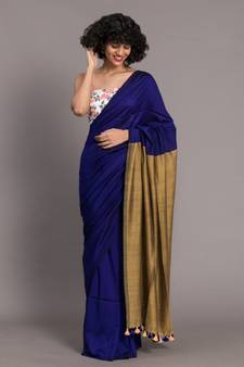 Suta Navy Blue  Gold-Toned Colourblocked Saree