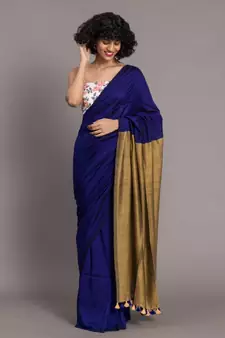 Suta Navy Blue  Gold-Toned Colourblocked Saree