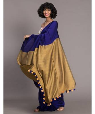 Suta Navy Blue  Gold-Toned Colourblocked Saree 3