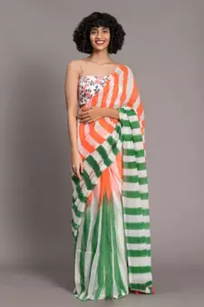 Suta White,Orange& Green stripes Pure Cotton Saree