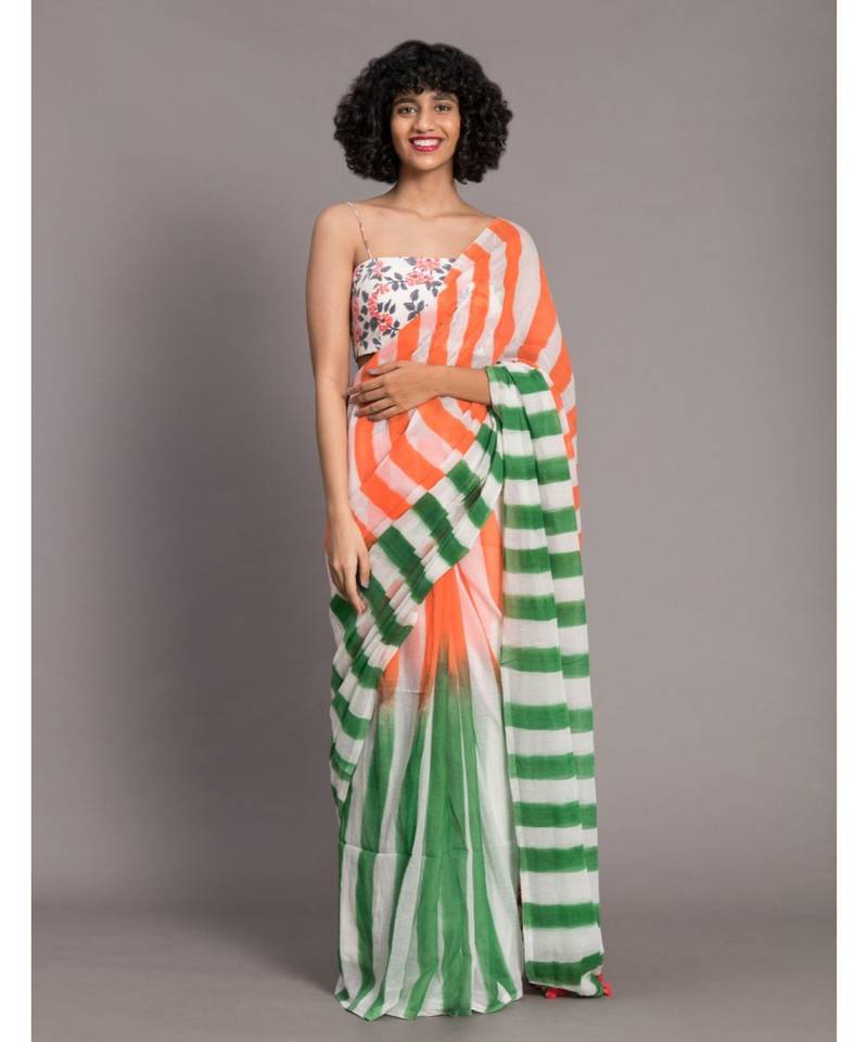 Suta White,Orange& Green stripes Pure Cotton Saree