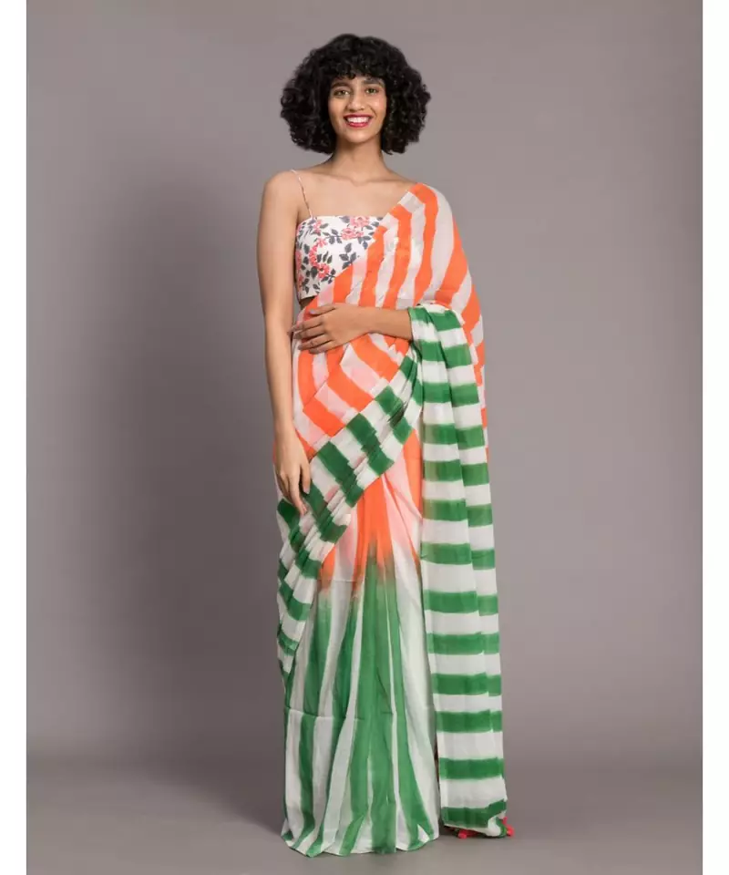 Suta White,Orange& Green stripes Pure Cotton Saree