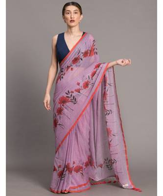 Suta Lavender Red Floral Printed Pure Cotton Saree 1
