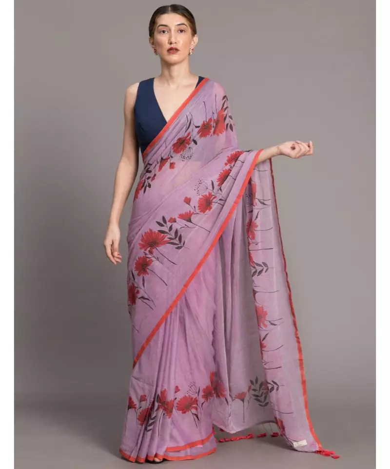 Suta Lavender Red Floral Printed Pure Cotton Saree