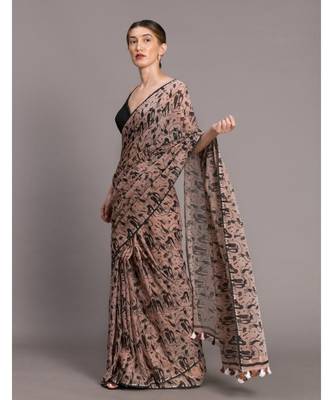 Suta Beige Black Pure Cotton Abstract Printed Saree 1