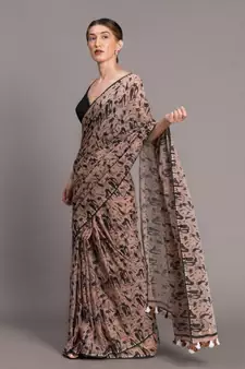 Suta Beige Black Pure Cotton Abstract Printed Saree