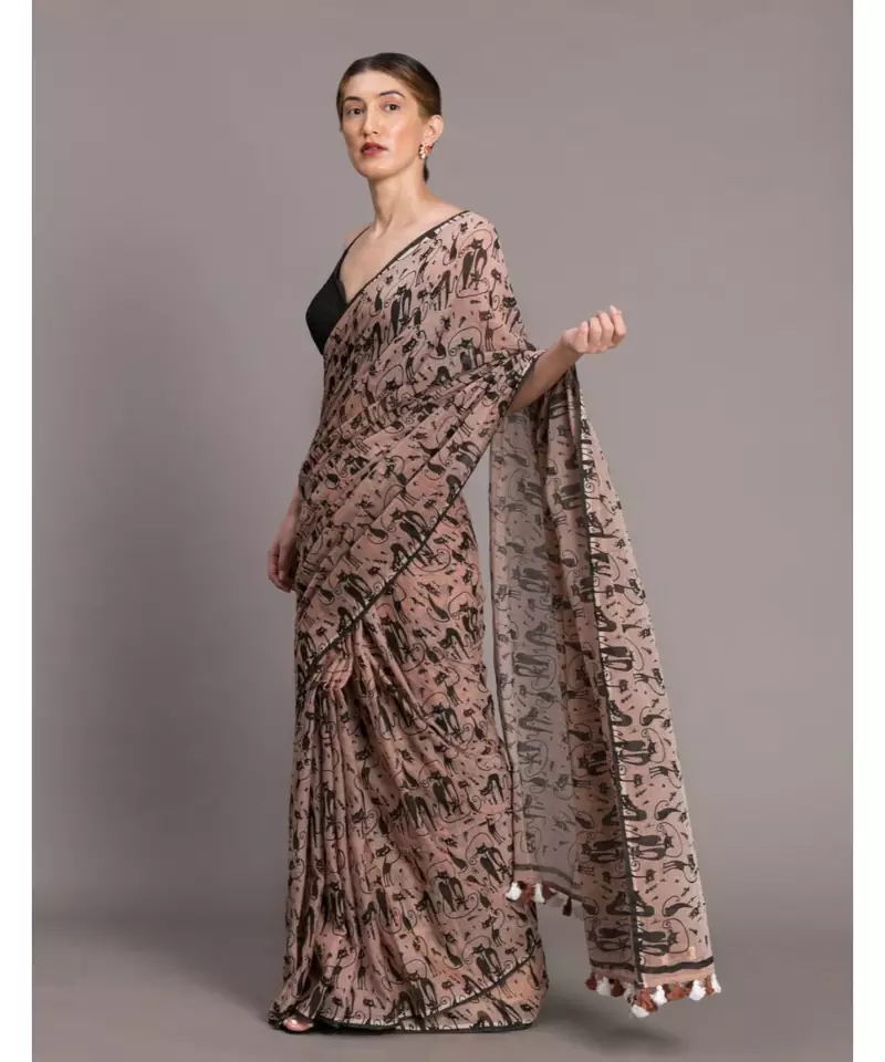 Suta Beige Black Pure Cotton Abstract Printed Saree