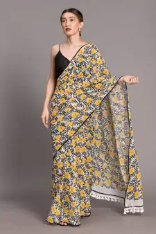 Suta Women White  Yellow Floral Pure Cotton Saree