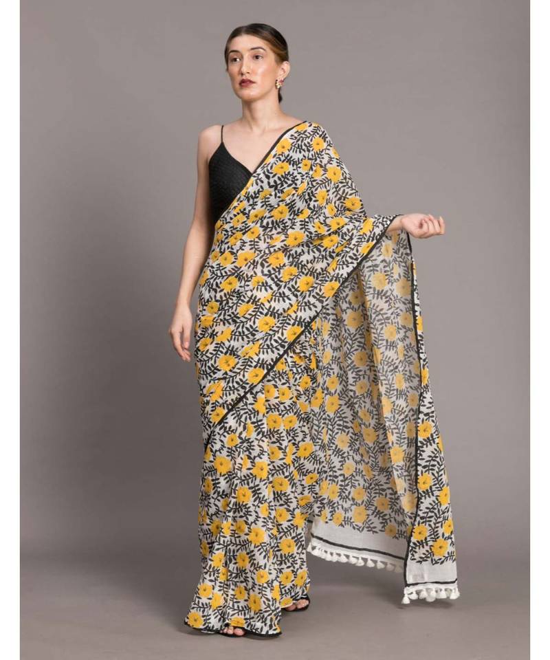 Suta Women White  Yellow Floral Pure Cotton Saree