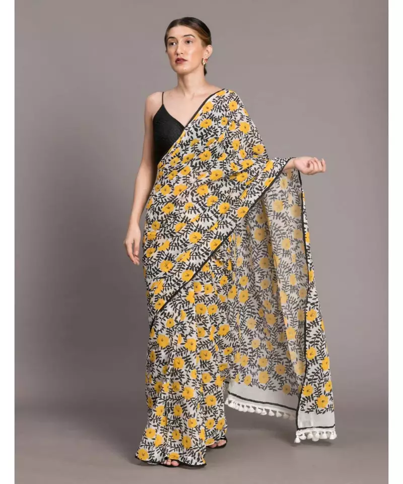 Suta Women White  Yellow Floral Pure Cotton Saree