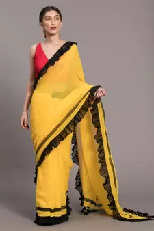 Women Yellow & Black Pure Cotton solid ruffle Saree