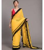 Women Yellow & Black Pure Cotton solid ruffle Saree