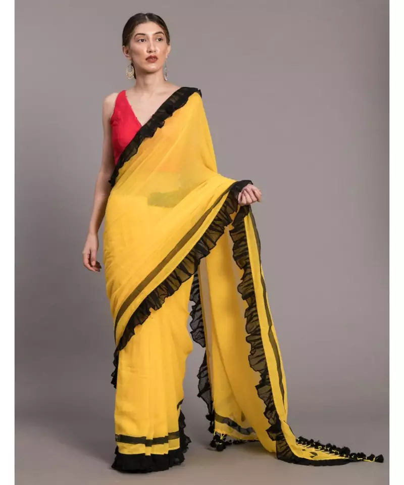 Women Yellow & Black Pure Cotton solid ruffle Saree