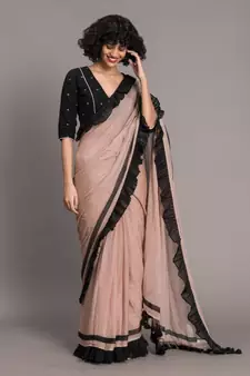 Suta Women Beige  Black Pure Cotton solid Ruffle Saree