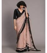 Suta Women Beige  Black Pure Cotton solid Ruffle Saree