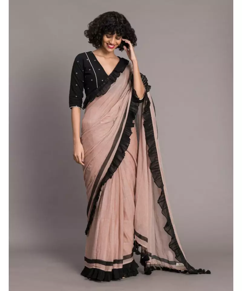 Suta Women Beige  Black Pure Cotton solid Ruffle Saree